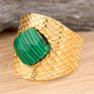 Bague ROKA Emerald Green Gold Cabochon serti réglable flexible Pierre sertie Doré Vert Acier inoxydable Malachite verte