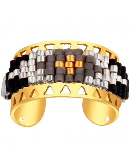Bague AMEROS Black Gold Jonc pavé Ethnique amérindien Doré et Noir Acier inoxydable doré à l'or fin Perles de cristal