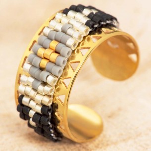 Ring AMEROS Black Gold Paved bangle Native American ethnic Gold and Black Stainless steel gilded with fine gold Crystal beads