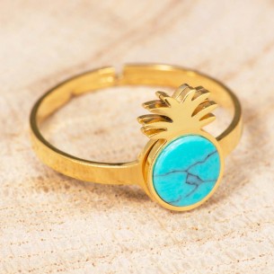Ring OASIS Turquoise Gold Cabochon set with Golden Pineapple and Turquoise Stainless steel gilded with fine gold Turquoise Stone