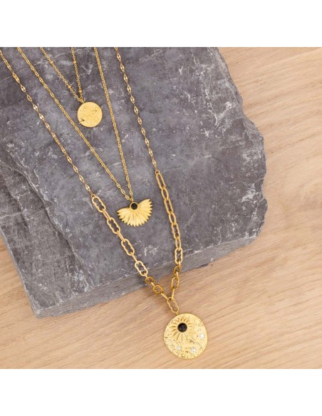Collier GALAXA Black Gold Sautoir Multirangs Symboles solaires Doré Noir Acier inoxydable doré à l'or fin Pierre Howlite noire