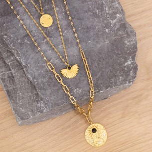 GALAXA Black Gold Multi-row long necklace Solar symbols Golden Black Stainless steel gilded with fine gold Black Howlite stone