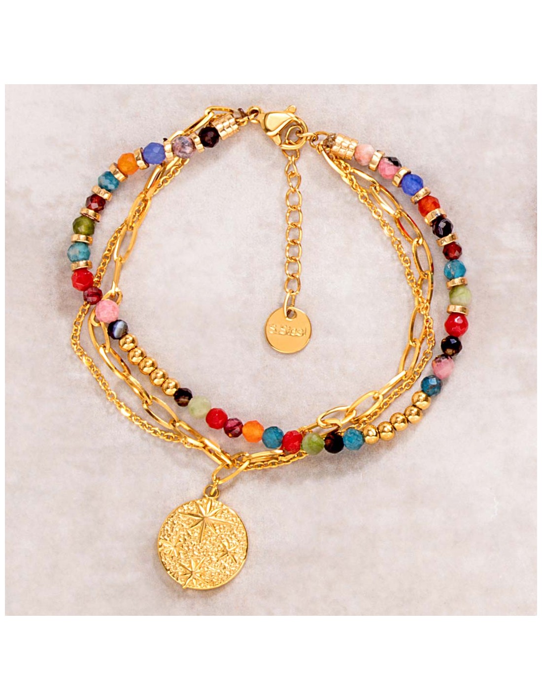 Bracelet Hoolie en Acier Inoxydable Doré minis perles de couleurs.