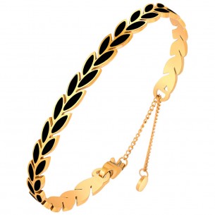Bracelet NOGUELIA STEEL Black Gold Jonc réglable flexible rigide Feuillage Doré Noir Acier inoxydable doré à l'or fin émaux