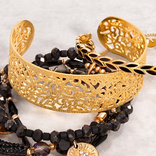 ROSES OF MY LOVE STEEL Gold bracelet Rigid flexible cuff Floral clause Gold Stainless steel gilded with fine gold