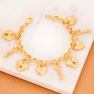 Bracelet VALENTINE Gold Bracelet chaine souple Coeurs et Clés Doré Laiton doré à l'or fin