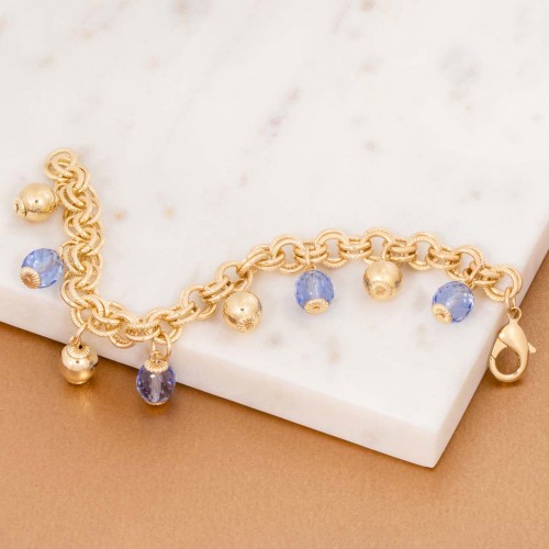 Bracelet PAULINA Blue Gold Bracelet chaine souple Pendentifs perles Doré et Bleu Laiton doré à l'or fin Pâtes de verre