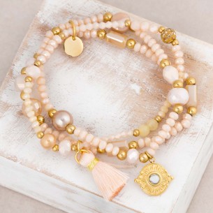 Bracelet MARGO Beige Nude Gold Bracelet de perles multirangs Symbole solaire Doré et Beige Nude Acier inoxydable Cristal Pompon