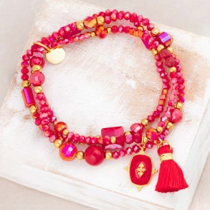 Bracelet MARGO Red Gold Bracelet de perles souple multirangs écusson bohème Doré et Rouge Acier inoxydable Cristal Pompon