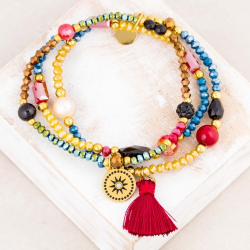 DIVOLINE Color Gold bracelet Multi-row pearl bracelet Solar symbols Golden Multicolor Stainless steel Crystal Pompom
