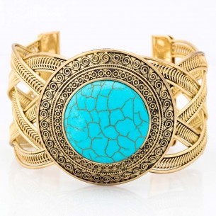 EL GRIEGO Turquoise Gold bracelet Cuff adjustable flexible rigid openwork Antique Brass gilded with fine gold Turquoise stone