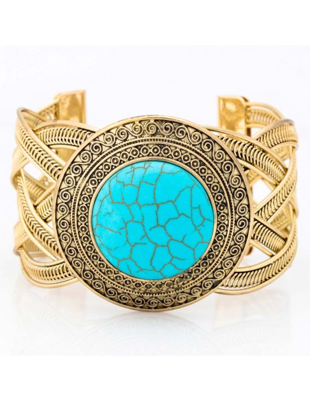 EL GRIEGO Turquoise Gold bracelet Cuff adjustable flexible rigid openwork Antique Brass gilded with fine gold Turquoise stone
