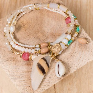 SAJANE Bracelet Beige Gold Multi-row flexible bead bracelet Beige Brass gilded with fine gold Crystal stone beads Feathers