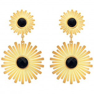 SUNSIA STEEL Black Gold earrings Mid-length pendant Solar Golden and Black Stainless steel gilded with fine gold Crystal