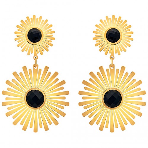 SUNSIA STEEL Black Gold earrings Mid-length pendant Solar Golden and Black Stainless steel gilded with fine gold Crystal