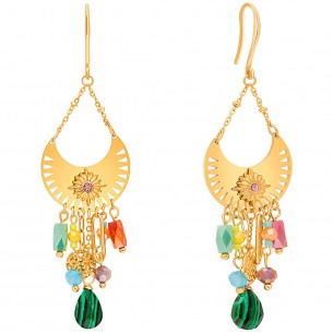 Earrings ESOLANE STEEL Color Gold Openwork pendants Solar Golden Multicolor Stainless steel Crystal Malachite green