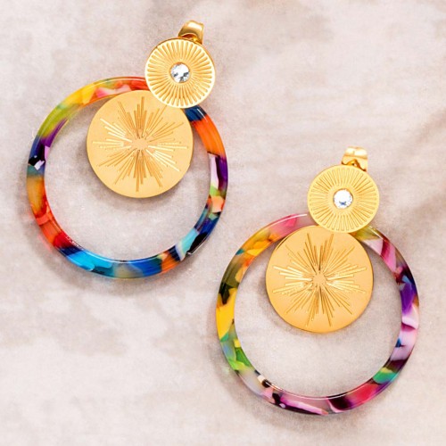 SOEKIS STEEL Color Gold earrings Openwork pendant Solar Golden and Multicolored Stainless steel Crystal and Resins
