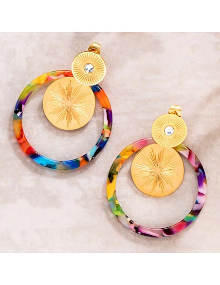 Boucles d'oreilles SOEKIS STEEL Color Gold Pendantes ajourées Solaire Doré et Multicolore Acier inoxydable Cristal et Résines