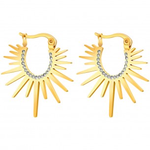 SUNLIGHT STEEL White Gold earrings Golden and White Sun disc hoop earrings Stainless steel gilded with fine gold Crystal
