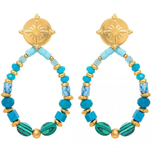 SOPIEDAL Turquoise Gold Earrings Long pendants Golden and Turquoise Brass gilded with fine gold Crystal and Turquoise