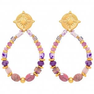 SOPIEDAL Mauve Amethyst Gold Pendant Earrings Golden Parma Brass gilded with fine gold Reconstituted pink Rhodonite crystal