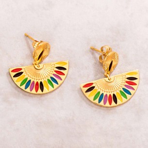 Earrings GYPTOS STEEL Color Gold Short pendant Ethnic Native American Gold and Multicolor Stainless steel enamels