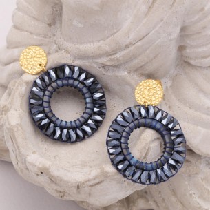 CRYSTALS VALLEY STEEL Blue Gold dangling crystal earrings golden steel ethnic weaving