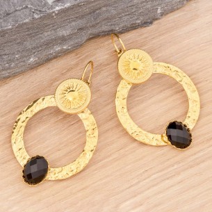 SOLARA Black Gold earrings Openwork pendants Solar symbols Gold and Black Stainless steel gilded with fine gold Crystal