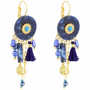 Earrings KERINE Night Blue Gold Pendant Bohemian Gold and Night Blue Stainless Steel Turquoise Resins Crystals Pompoms 2