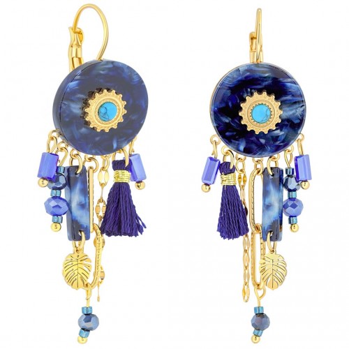 Boucles d'oreilles KERINE Night Blue Gold Pendantes Bohème Doré et Bleu Nuit Acier inoxydable Turquoise Résines Cristaux Pompons