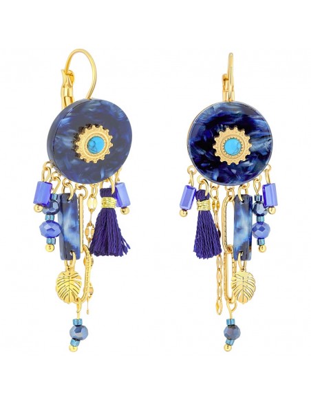 Boucles d'oreilles KERINE Night Blue Gold Pendantes Bohème Doré et Bleu Nuit Acier inoxydable Turquoise Résines Cristaux Pompons
