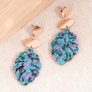 NATURO Blue & Rose Gold Earrings Dangling Rosy and Blue Foliage Stainless steel gilded with fine rose gold Resins