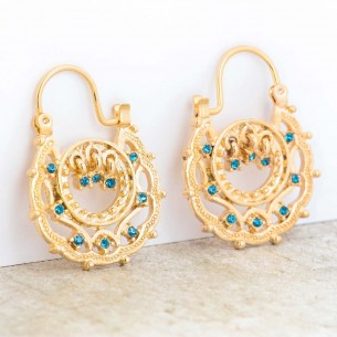 GOANE Blue Gold earrings Gypsy gold and blue openwork hoop earrings Brass gilded with fine gold Set zirconium oxides