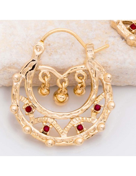 Boucles d'oreilles GOA Red Gold Créoles ajourées Tzigane Doré et Rouge Laiton doré à l'or fin Oxydes de zirconium sertis