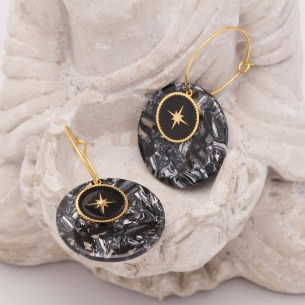 SIGNOS Black Gold boucles d'oreilles créoles acier inoxydable symbole étoile doré résine noire