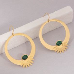 EKISOR Green gold ethnic hoop earrings dangling feather crowns golden steel Malachite Green
