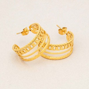 Boucles d'oreilles GORMETAS Gold Créoles ajourées Accumulation de mailles gourmettes Doré Acier inoxydable doré à l'or fin