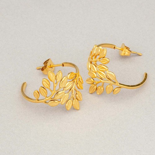 Boucles d'oreilles LEAFY Gold Créoles ajourées Feuillage Doré Acier inoxydable doré à l'or fin