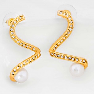 Boucles d'oreilles PERLTORA White Gold Pendantes courtes Torsadé Doré et Blanc Doré à l'or fin Cristal et Perles
