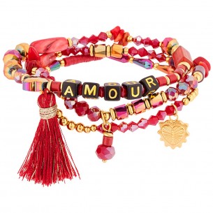 Bracelet LOVELY Red Gold flexible multirow Message of love Golden Red Stainless steel Crystal pearl semi-precious stone