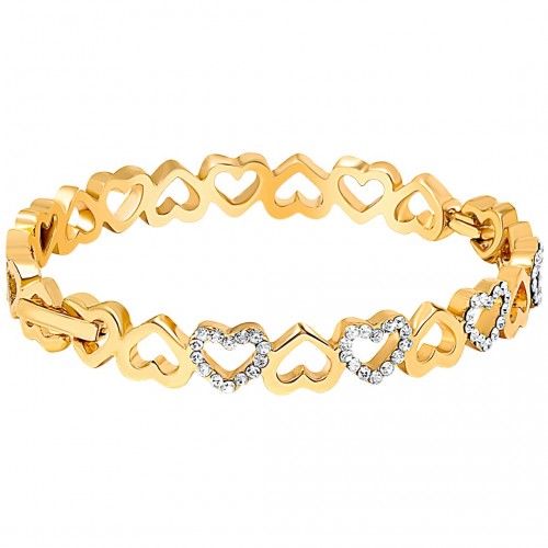BOTH HEARTS White Gold bracelet Rigid bangle Golden and White Hearts Brass gilded with fine gold Crystal