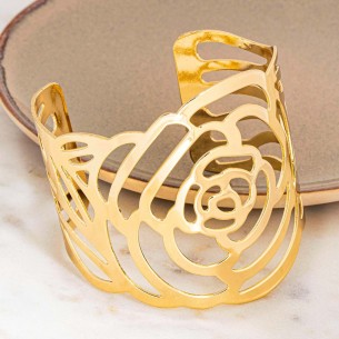 CAMELIA Gold bracelet Rigid flexible cuff Golden Flower Brass gilded with fine gold