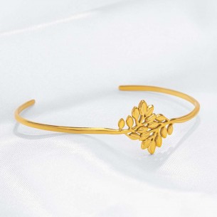 LEAFY Gold bracelet Rigid flexible cuff Golden foliage Stainless steel gilded with fine gold