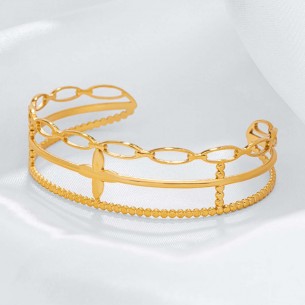 Bracelet FLOGARME Gold Manchette flexible rigide Floral Doré Acier inoxydable doré à l'or fin