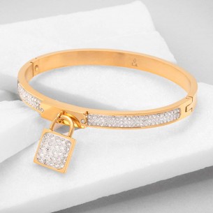 SECRET White Gold bracelet Rigid bangle paved Padlock Gold and White Stainless steel gilded with fine gold Crystal