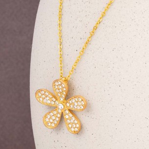 FLORUS White Gold necklace Choker Flower pendant Golden and White Gilded with fine gold Crystal