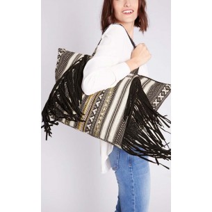 Leather Goods EL CAMPO NOCHE Tote Bag Native American Ethnic Black Weaving Embroideries Fringes Genuine Leather