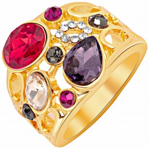 Ring FRAMBOISEA Cherry Pink Gold Cocktail pavé openwork Contemporary Golden and Pink Raspberry Gilded with fine gold Crystal