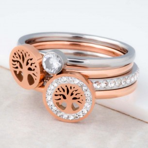Bague EVASTEEL Rose Gold & Silver Jeu de 4 anneaux à porter ensemble Arbre de vie Argent Rosé Acier inoxydable rosé Cristal