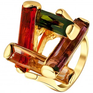 Ring QUADRAS Color Gold Cabochon set Square with four crystal sticks Gold and Multicolor Rhodium Crystals set